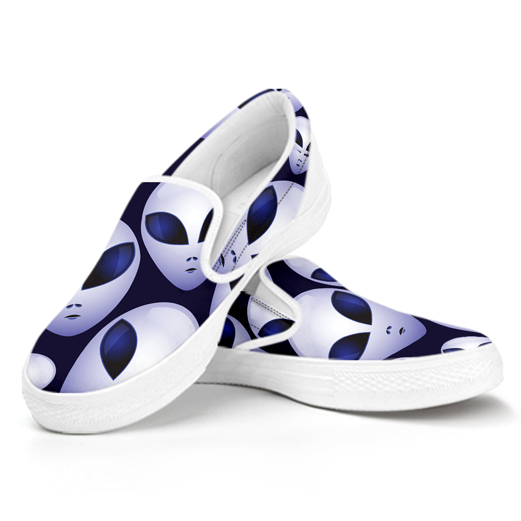 Grey Alien Face Pattern Print White Slip On Shoes