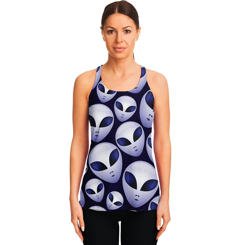 Grey Alien Face Pattern Print Women's Racerback Tank Top