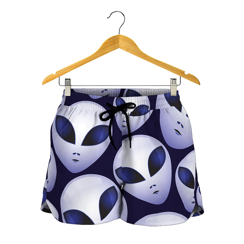 Grey Alien Face Pattern Print Women's Shorts