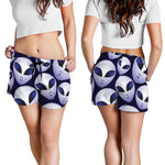 Grey Alien Face Pattern Print Women's Shorts