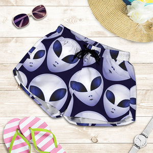 Grey Alien Face Pattern Print Women's Shorts