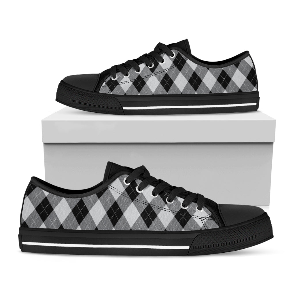 Grey And Black Argyle Pattern Print Black Low Top Shoes