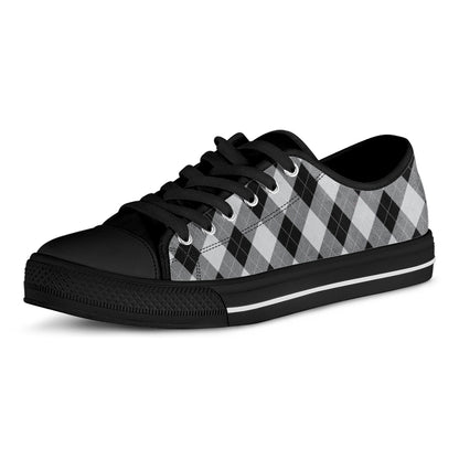 Grey And Black Argyle Pattern Print Black Low Top Shoes