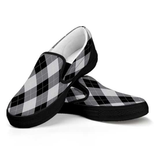 Grey And Black Argyle Pattern Print Black Slip On Shoes