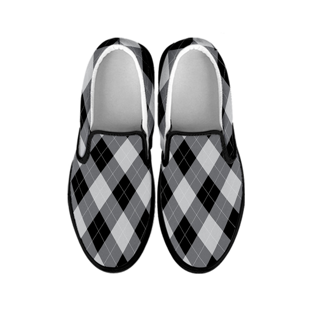 Grey And Black Argyle Pattern Print Black Slip On Shoes