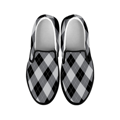 Grey And Black Argyle Pattern Print Black Slip On Shoes
