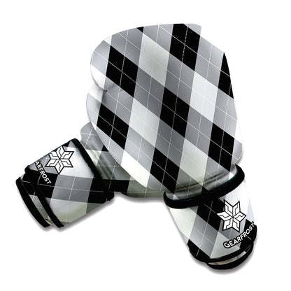 Grey And Black Argyle Pattern Print Boxing Gloves