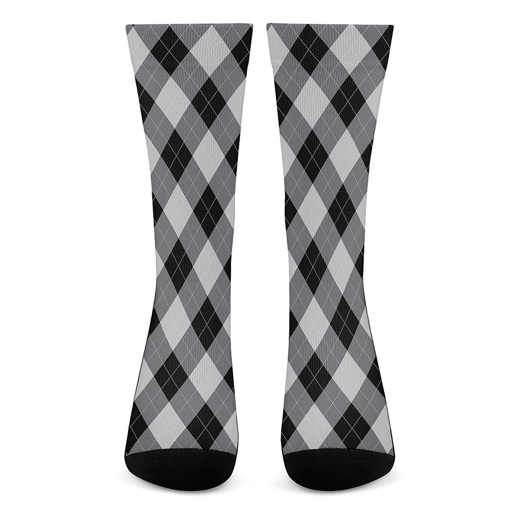 Grey And Black Argyle Pattern Print Crew Socks