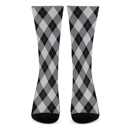 Grey And Black Argyle Pattern Print Crew Socks