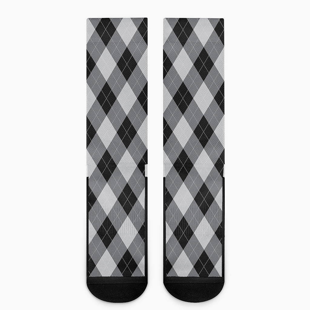 Grey And Black Argyle Pattern Print Crew Socks