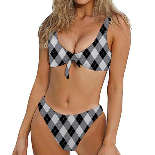 Grey And Black Argyle Pattern Print Front Bow Tie Bikini