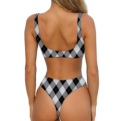 Grey And Black Argyle Pattern Print Front Bow Tie Bikini
