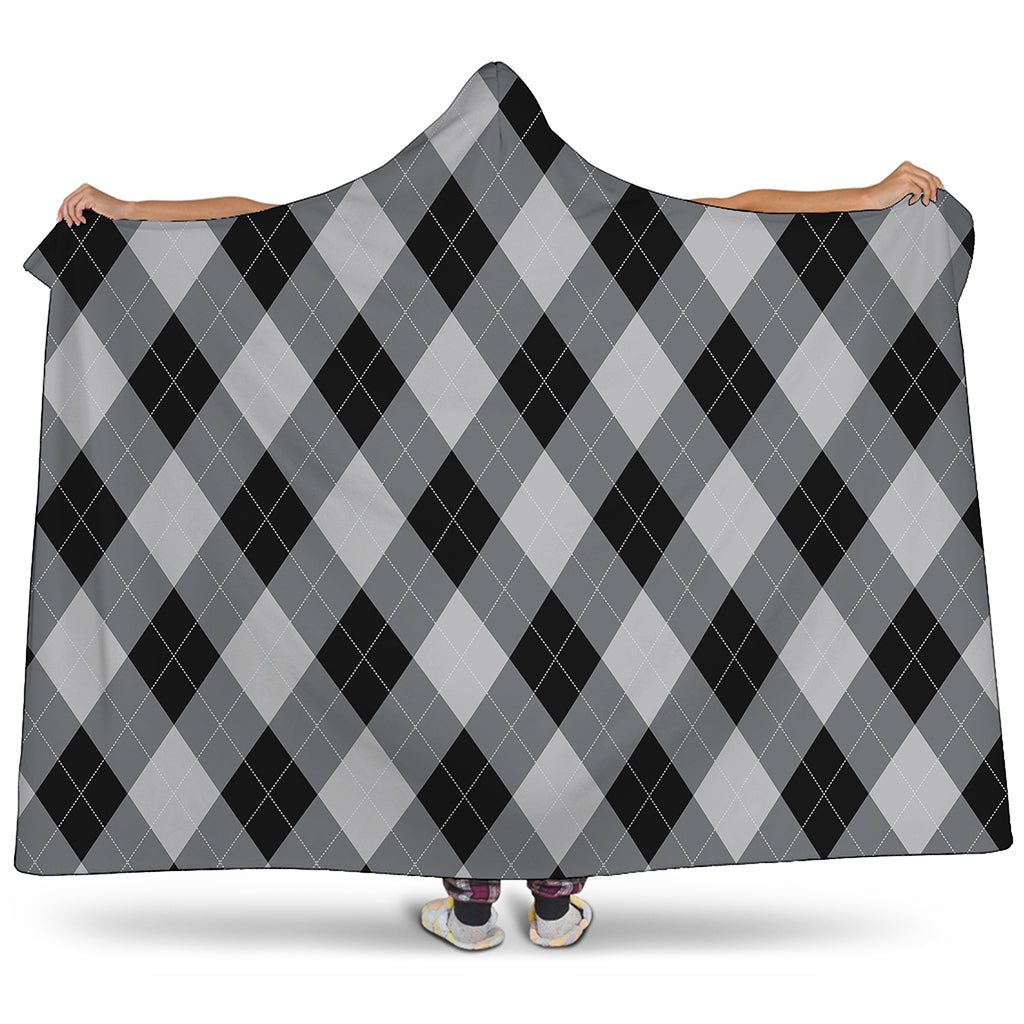 Grey And Black Argyle Pattern Print Hooded Blanket