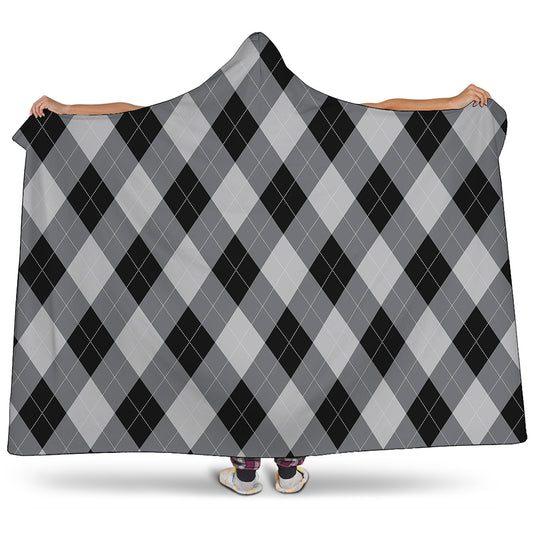 Grey And Black Argyle Pattern Print Hooded Blanket
