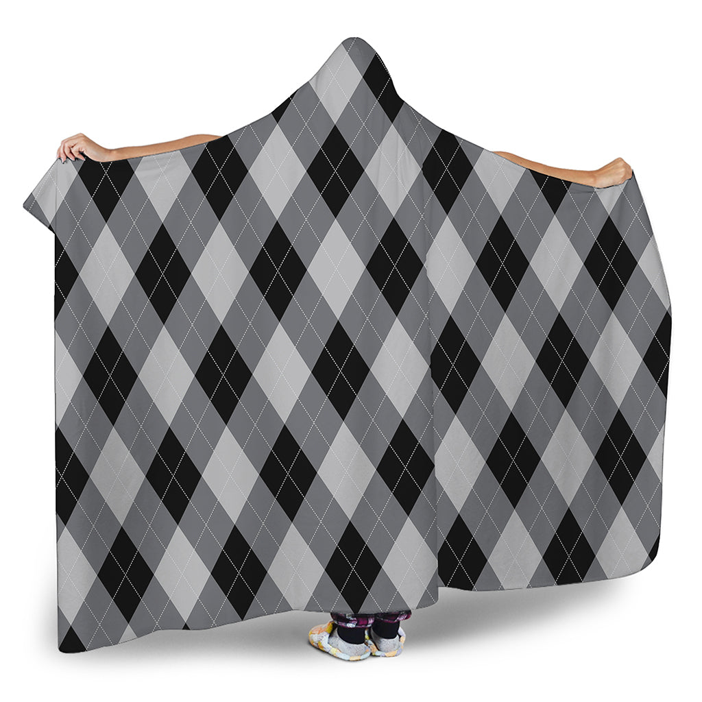 Grey And Black Argyle Pattern Print Hooded Blanket