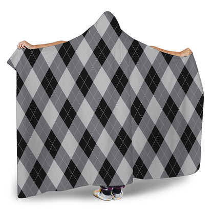Grey And Black Argyle Pattern Print Hooded Blanket