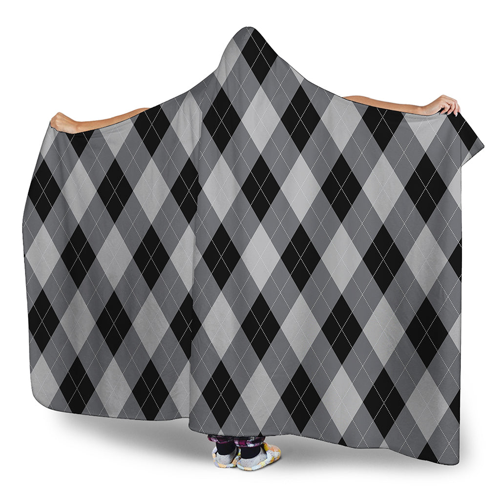 Grey And Black Argyle Pattern Print Hooded Blanket