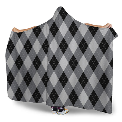 Grey And Black Argyle Pattern Print Hooded Blanket
