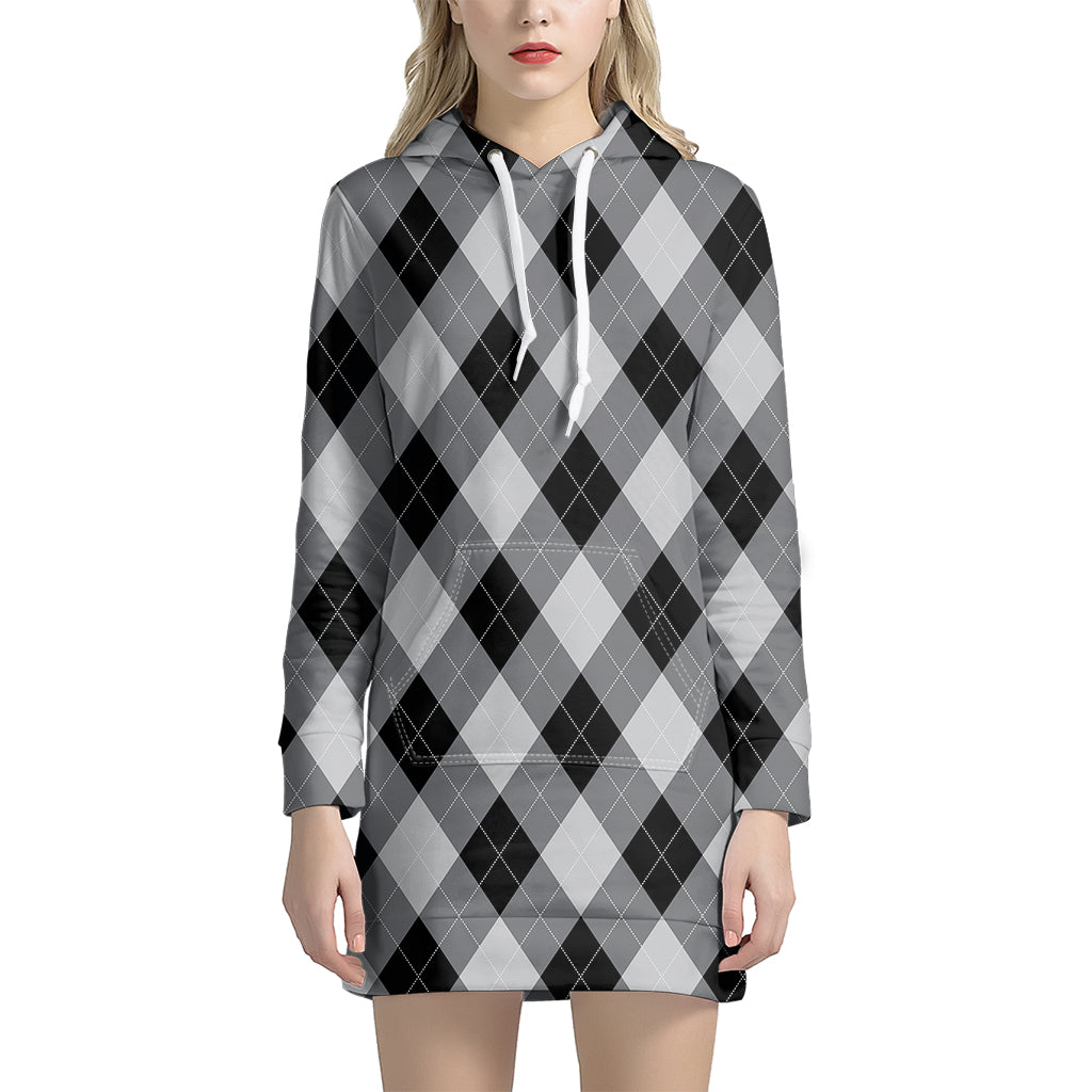 Grey And Black Argyle Pattern Print Hoodie Dress