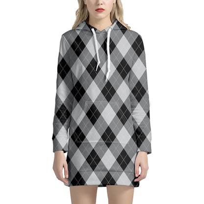 Grey And Black Argyle Pattern Print Hoodie Dress