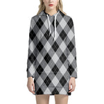 Grey And Black Argyle Pattern Print Hoodie Dress