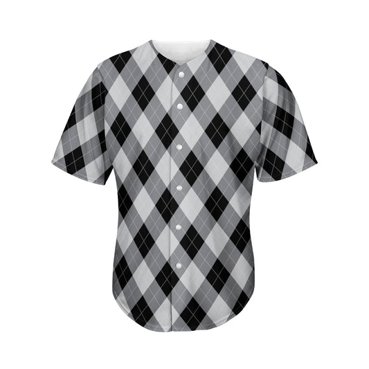 Grey And Black Argyle Pattern Print Men's Baseball Jersey