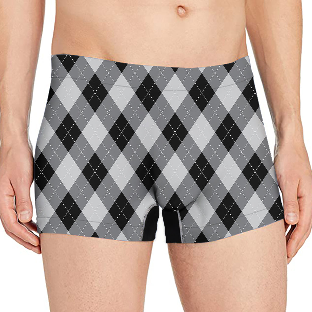 Grey And Black Argyle Pattern Print Men's Boxer Briefs