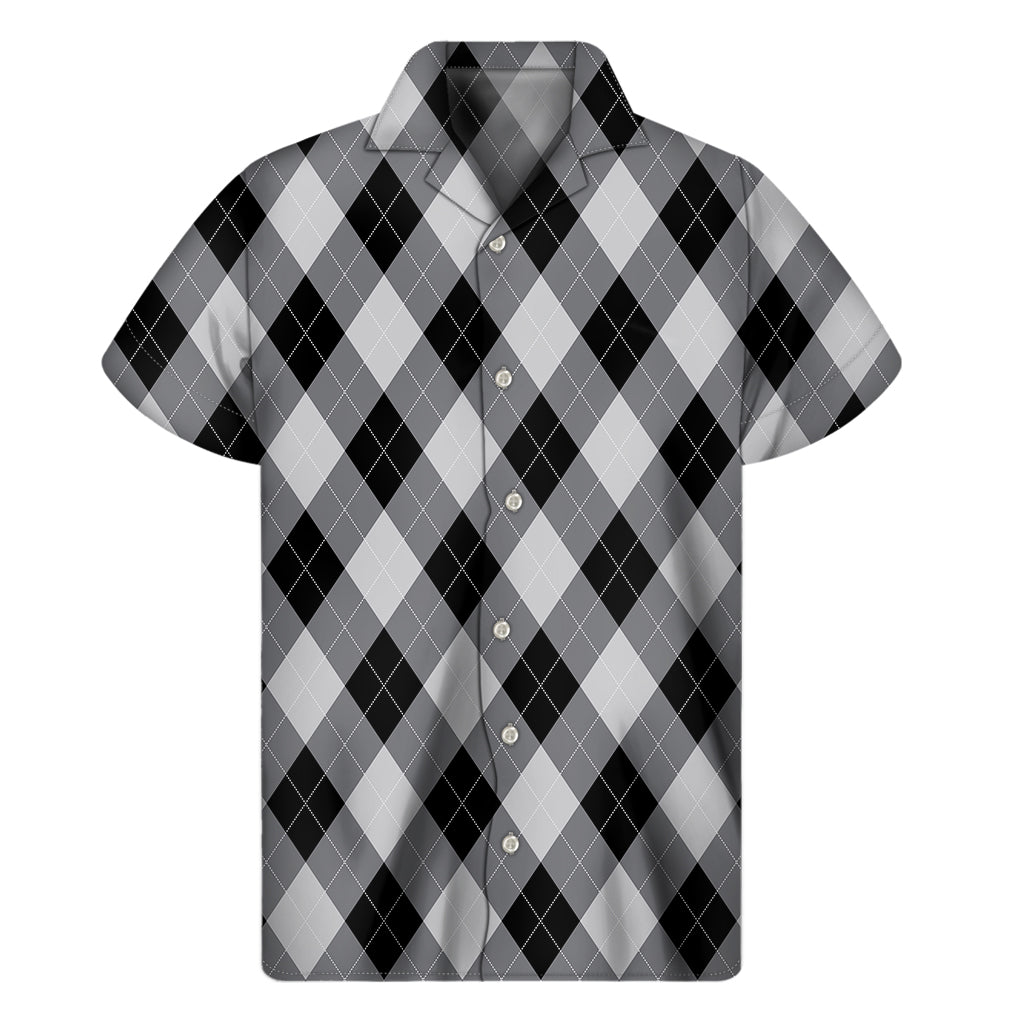 Grey And Black Argyle Pattern Print Men's Short Sleeve Shirt