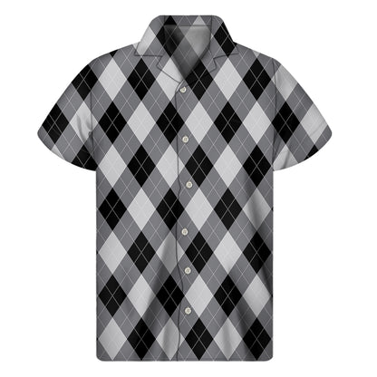 Grey And Black Argyle Pattern Print Men's Short Sleeve Shirt