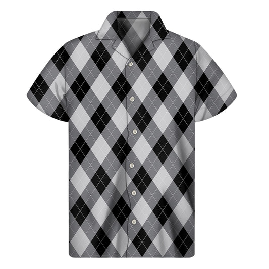 Grey And Black Argyle Pattern Print Men's Short Sleeve Shirt