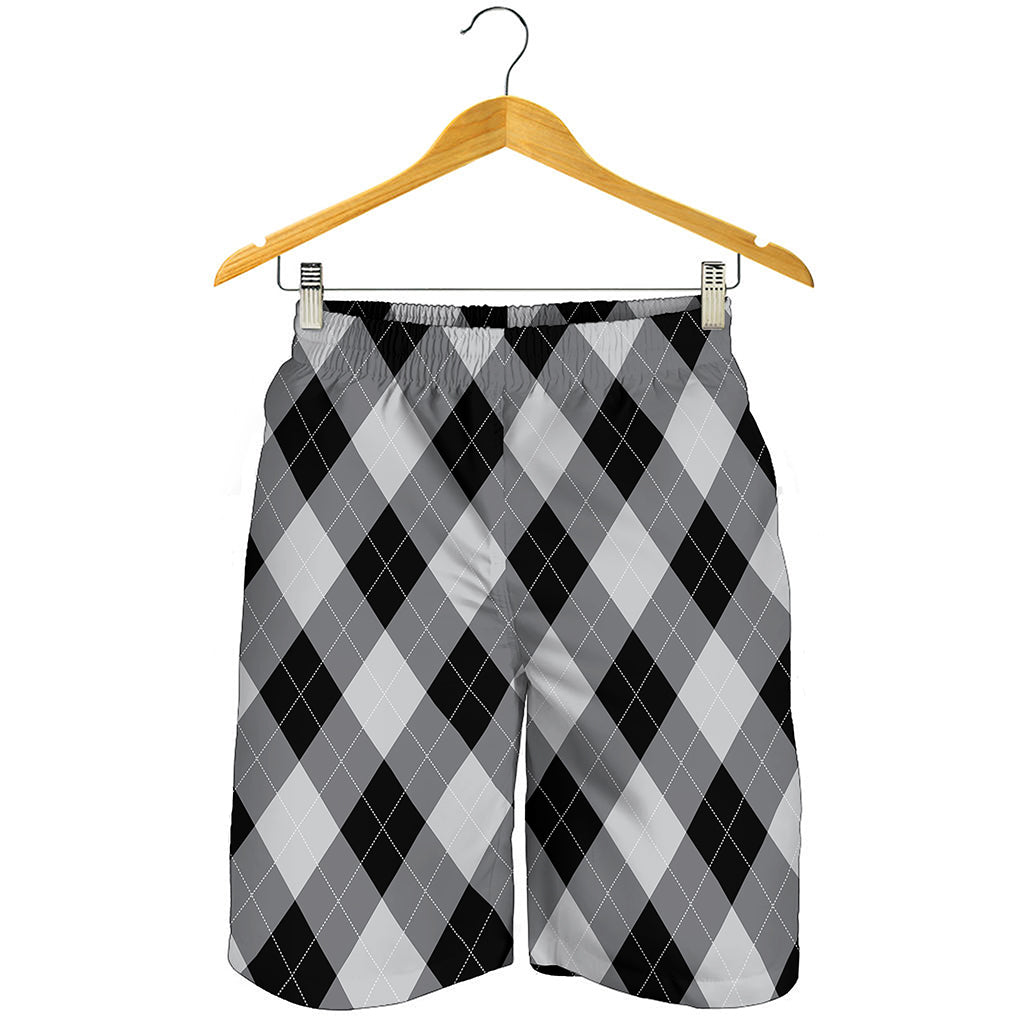 Grey And Black Argyle Pattern Print Men's Shorts