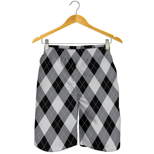 Grey And Black Argyle Pattern Print Men's Shorts