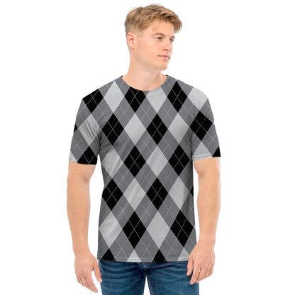 Grey And Black Argyle Pattern Print Men's T-Shirt