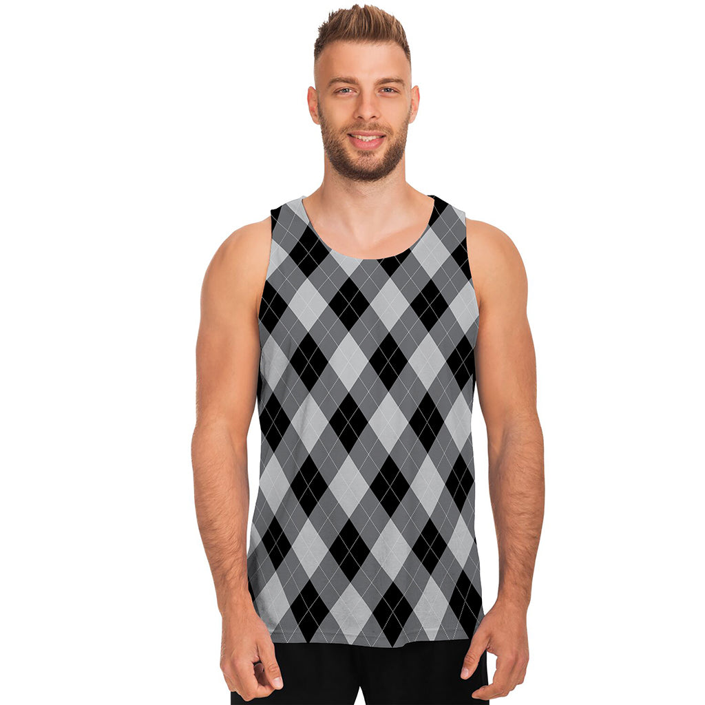 Grey And Black Argyle Pattern Print Men's Tank Top