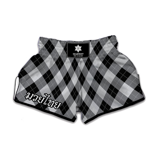 Grey And Black Argyle Pattern Print Muay Thai Boxing Shorts