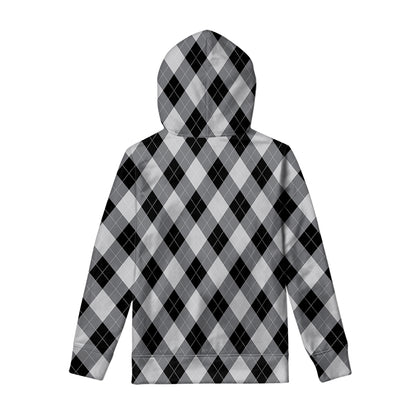 Grey And Black Argyle Pattern Print Pullover Hoodie