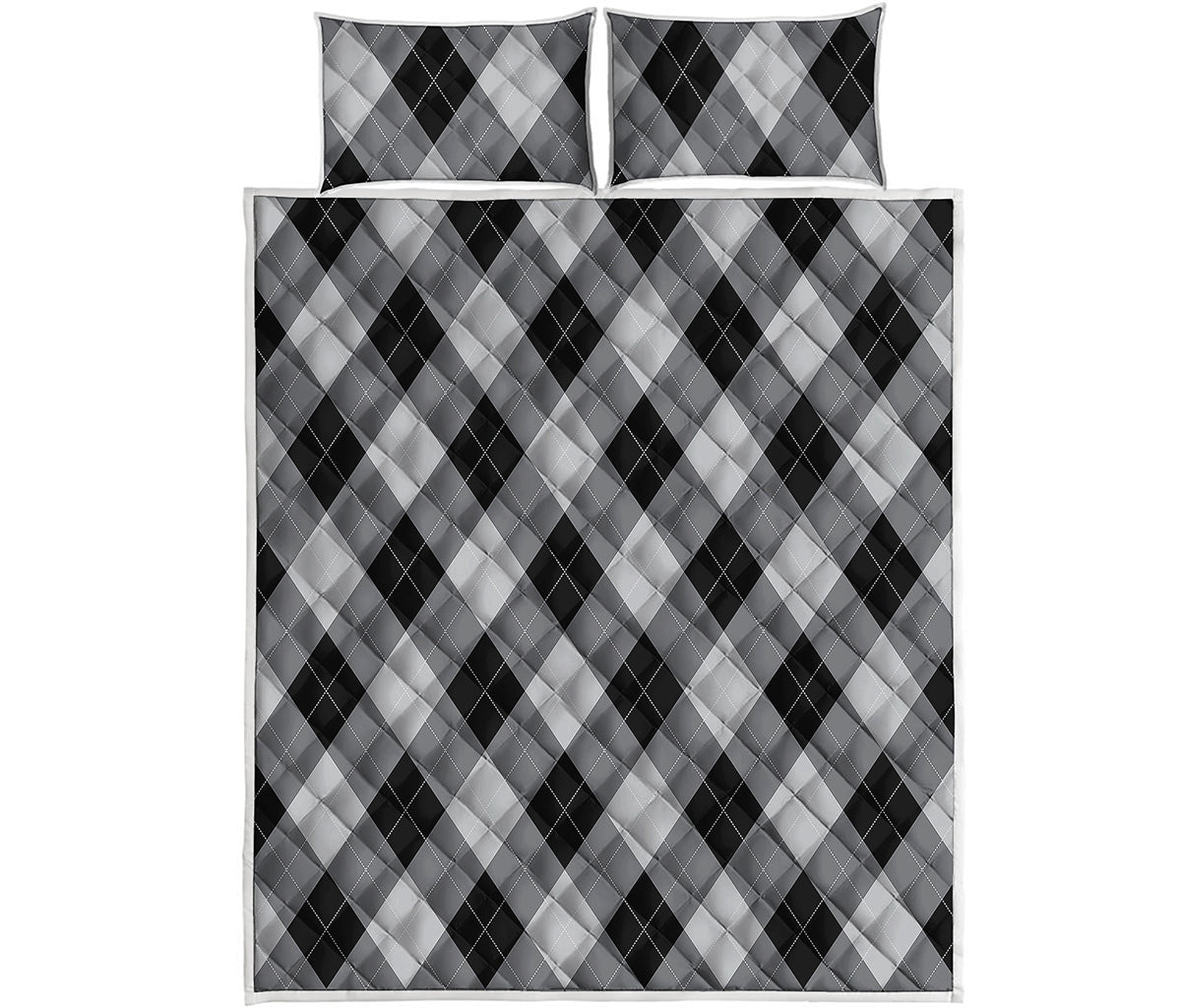 Grey And Black Argyle Pattern Print Quilt Bed Set