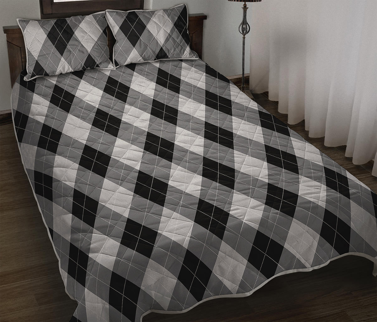 Grey And Black Argyle Pattern Print Quilt Bed Set