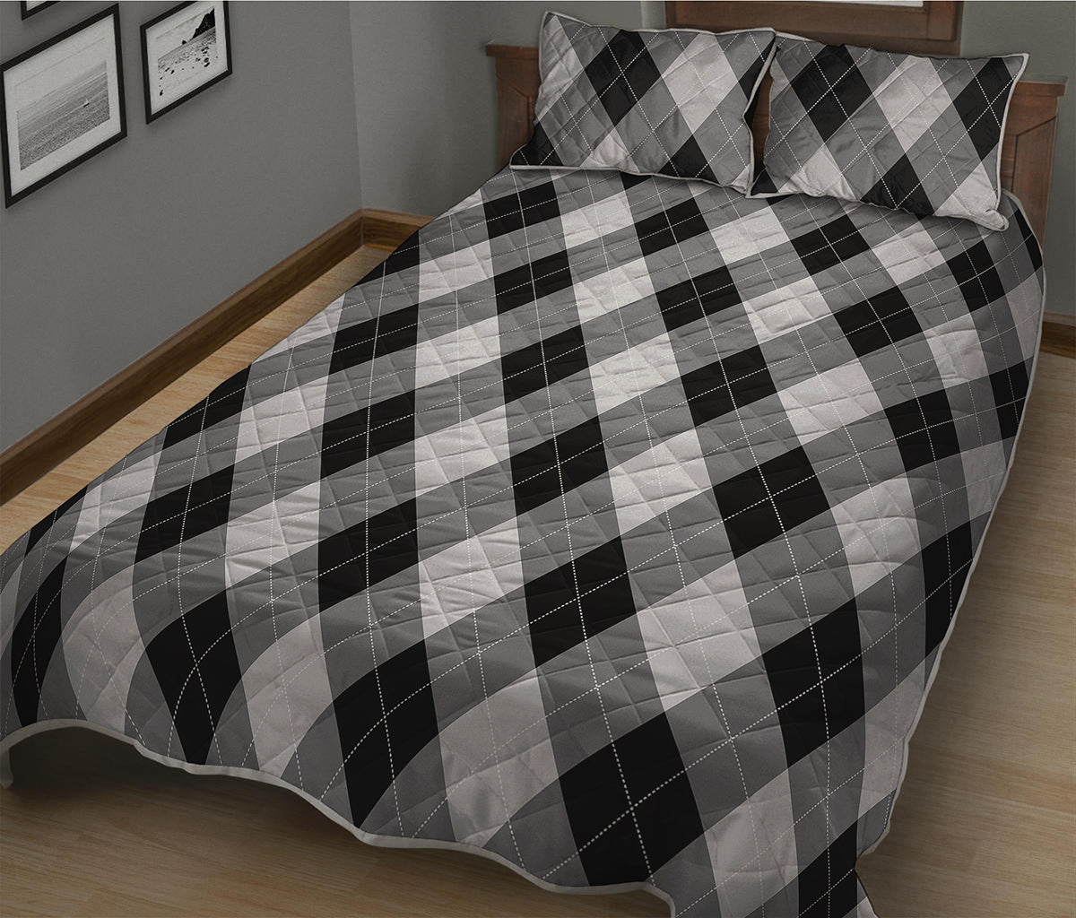 Grey And Black Argyle Pattern Print Quilt Bed Set