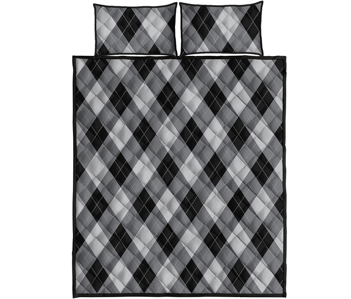 Grey And Black Argyle Pattern Print Quilt Bed Set