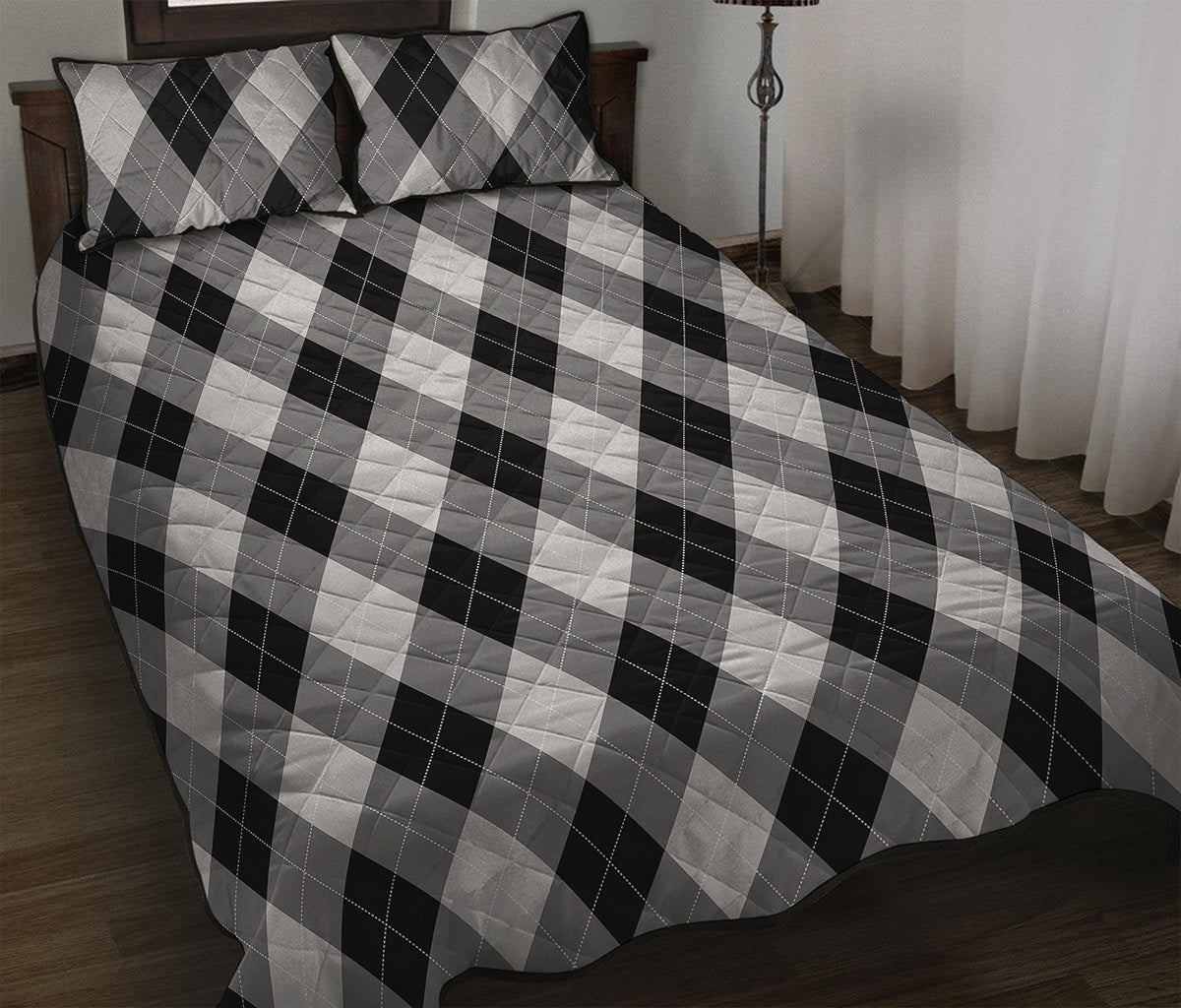Grey And Black Argyle Pattern Print Quilt Bed Set