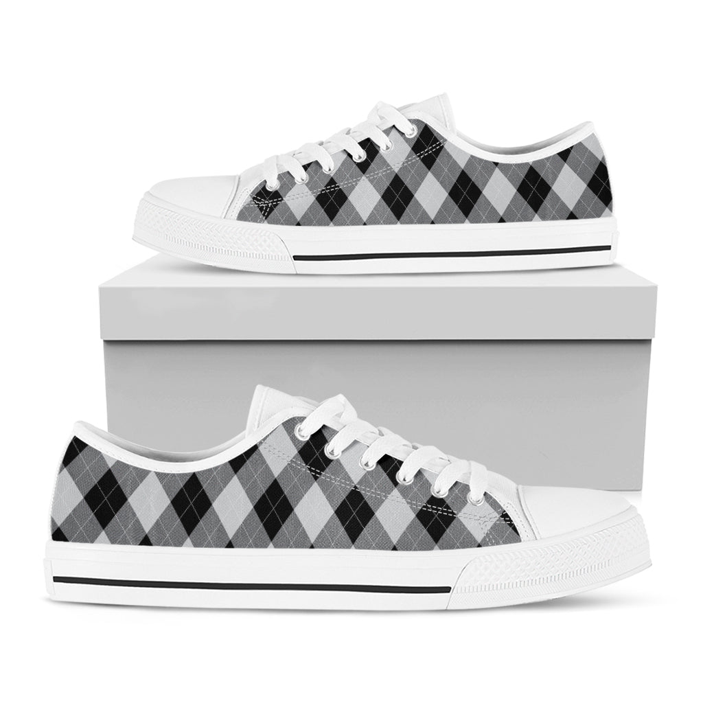 Grey And Black Argyle Pattern Print White Low Top Shoes