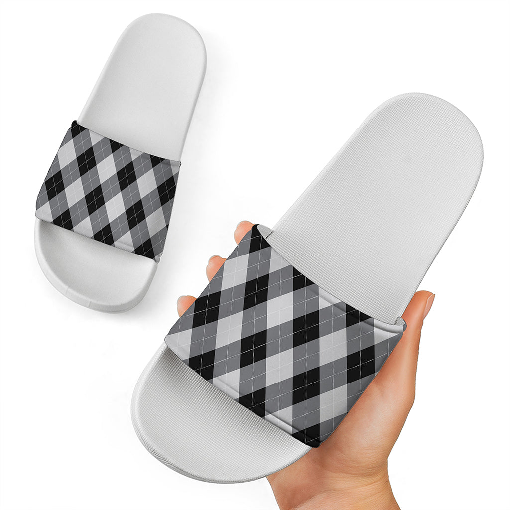 Grey And Black Argyle Pattern Print White Slide Sandals