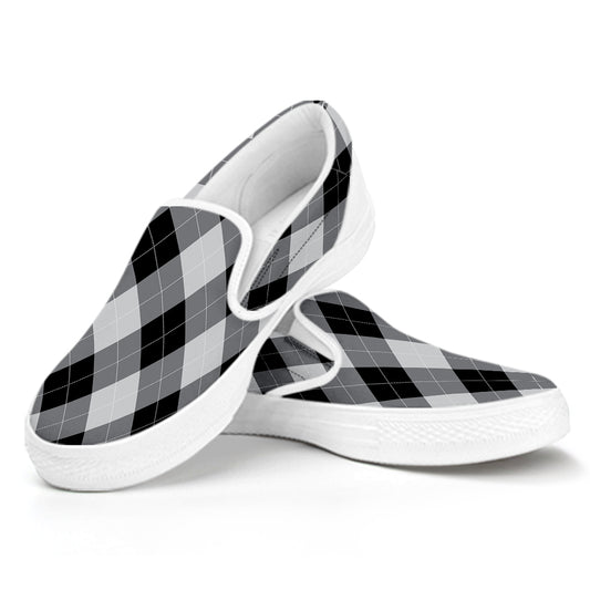Grey And Black Argyle Pattern Print White Slip On Shoes