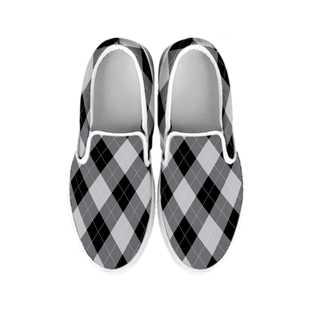 Grey And Black Argyle Pattern Print White Slip On Shoes