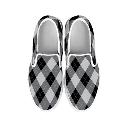 Grey And Black Argyle Pattern Print White Slip On Shoes