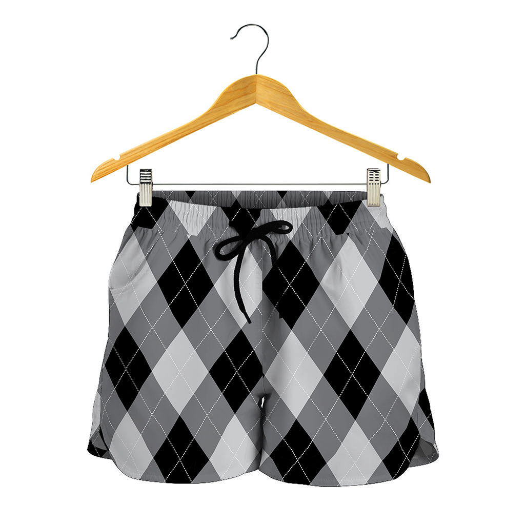Grey And Black Argyle Pattern Print Women's Shorts