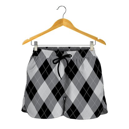 Grey And Black Argyle Pattern Print Women's Shorts