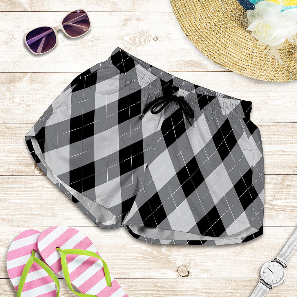 Grey And Black Argyle Pattern Print Women's Shorts