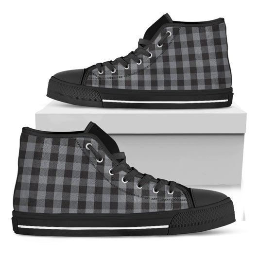 Grey And Black Check Pattern Print Black High Top Shoes